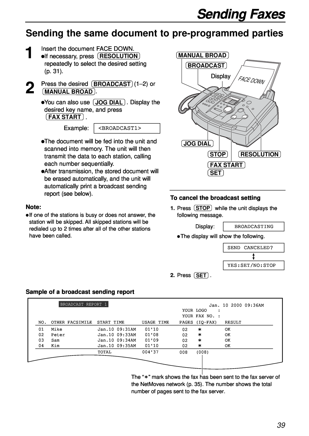 Panasonic KX-FL501 manual Sending the same document to pre-programmed parties, Sending Faxes, Resolution, BROADCAST 1-2 or 