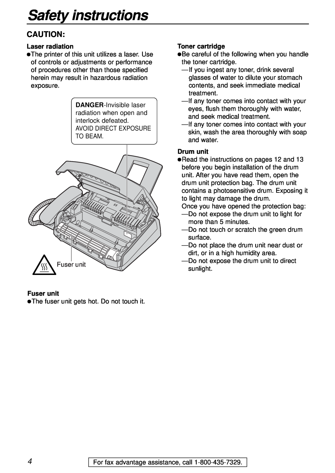Panasonic KX-FL501 manual Safety instructions, Laser radiation, Fuser unit, Toner cartridge, Drum unit 