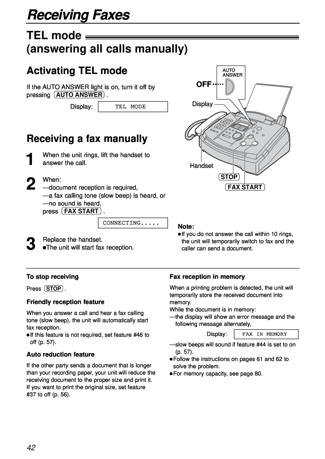 Panasonic KX-FL501 TEL mode answering all calls manually, Activating TEL mode, Receiving a fax manually, Receiving Faxes 