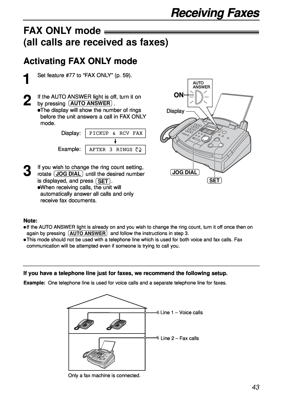 Panasonic KX-FL501 FAX ONLY mode all calls are received as faxes, Activating FAX ONLY mode, Receiving Faxes, Jog Dial 
