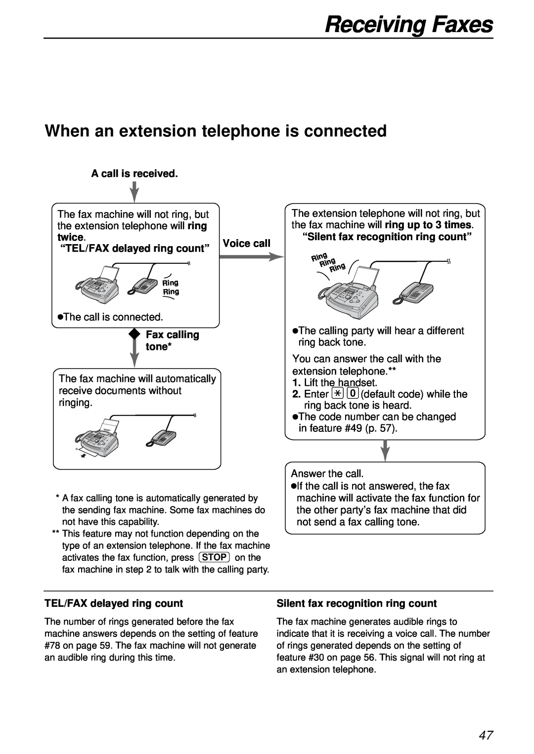 Panasonic KX-FL501 manual When an extension telephone is connected, Receiving Faxes, A call is received, Fax calling tone 