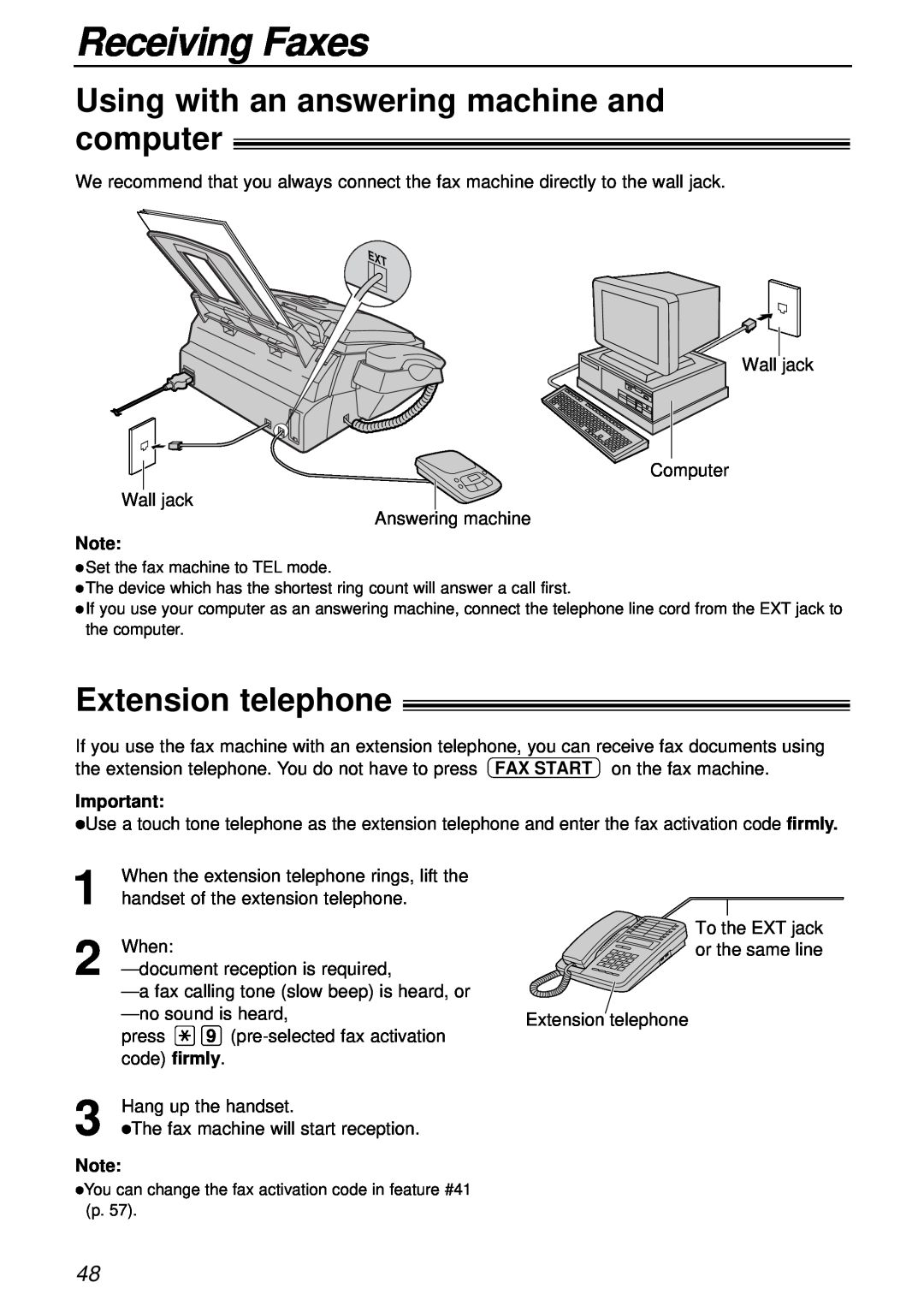 Panasonic KX-FL501 manual Using with an answering machine and computer, Extension telephone, Receiving Faxes 