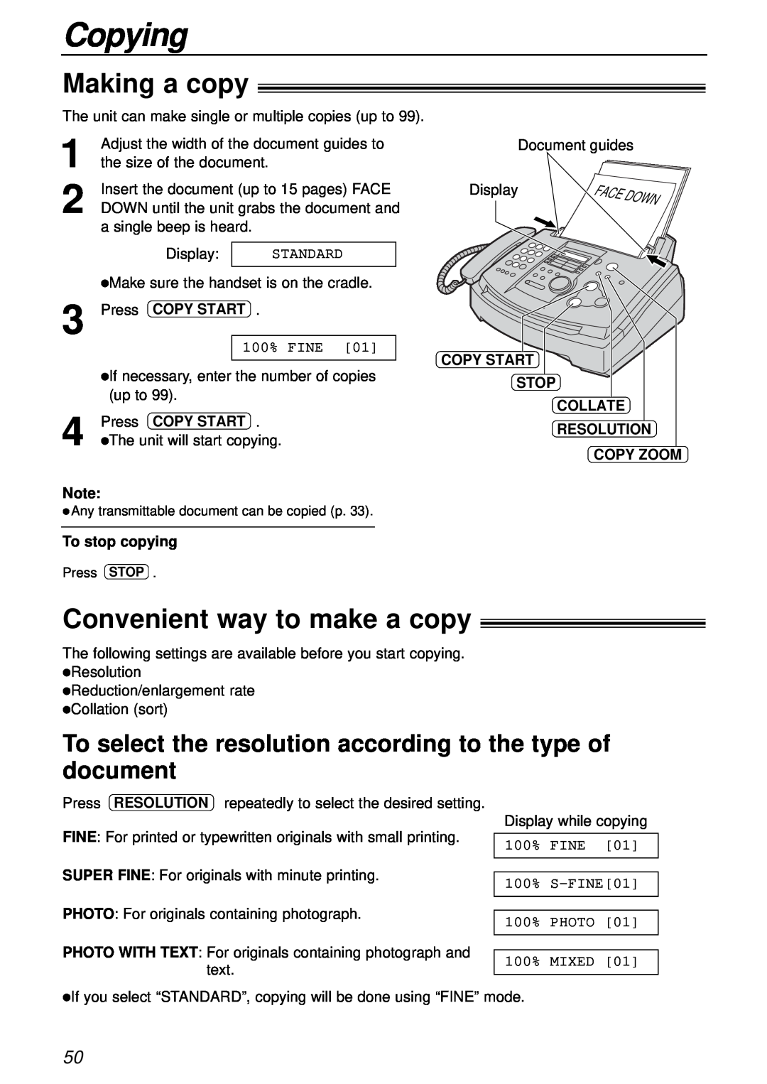 Panasonic KX-FL501 manual Copying, Making a copy, Convenient way to make a copy, Press COPY START, To stop copying 