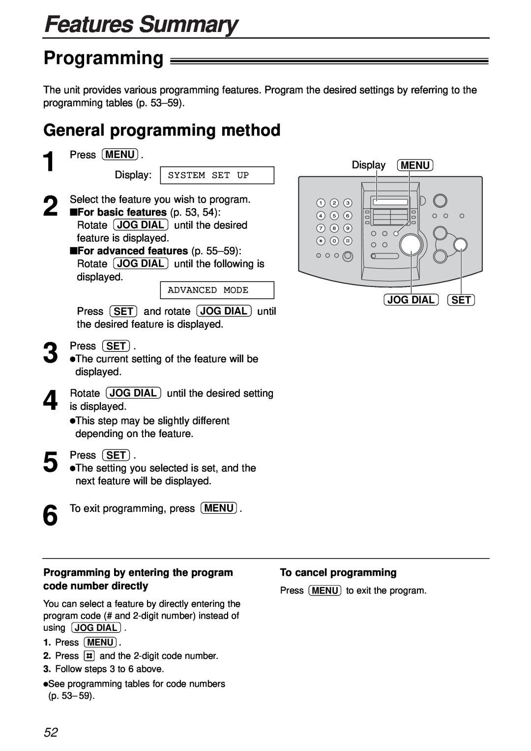 Panasonic KX-FL501 manual Features Summary, Programming, General programming method, For basic features p. 53, Jog Dial 