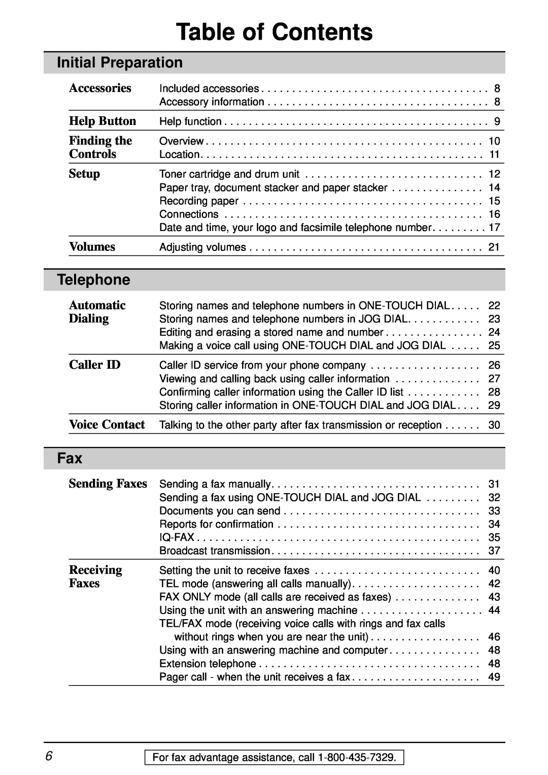 Panasonic KX-FL501 manual Initial Preparation, Telephone, Table of Contents 