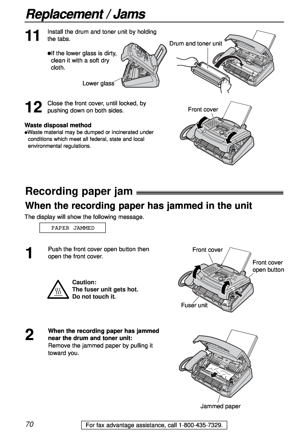 Panasonic KX-FL501 manual Replacement / Jams, Recording paper jam, When the recording paper has jammed in the unit 