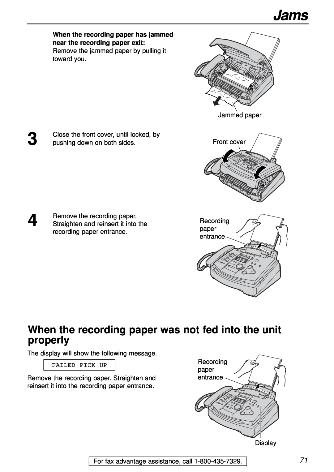 Panasonic KX-FL501 manual Jams, When the recording paper was not fed into the unit properly 