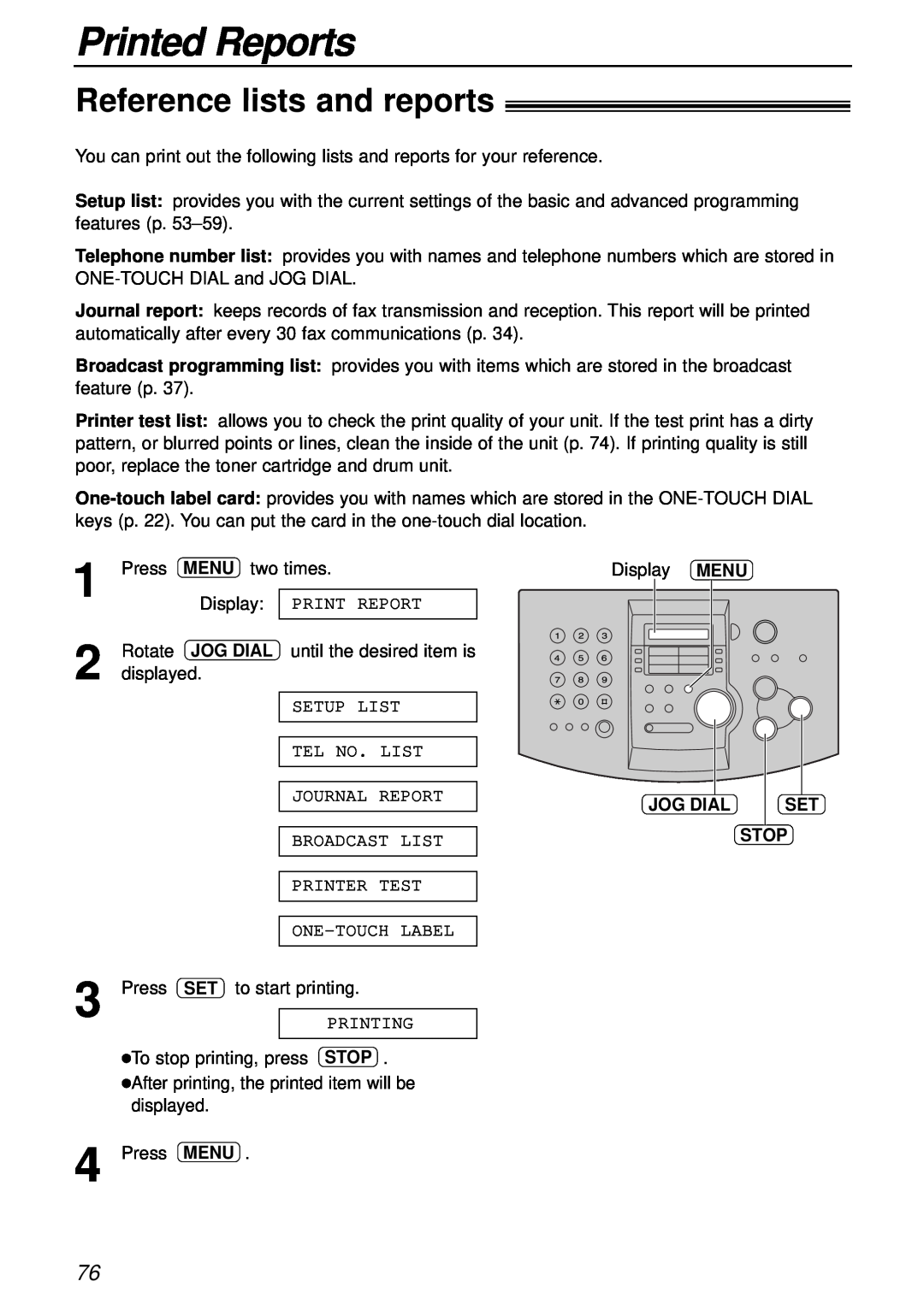 Panasonic KX-FL501 manual Printed Reports, Reference lists and reports, Menu, Jog Dial, Stop 