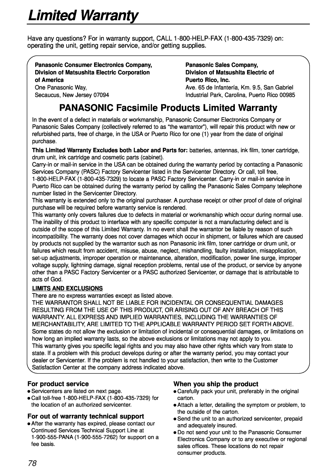 Panasonic KX-FL501 manual PANASONIC Facsimile Products Limited Warranty, For product service, When you ship the product 