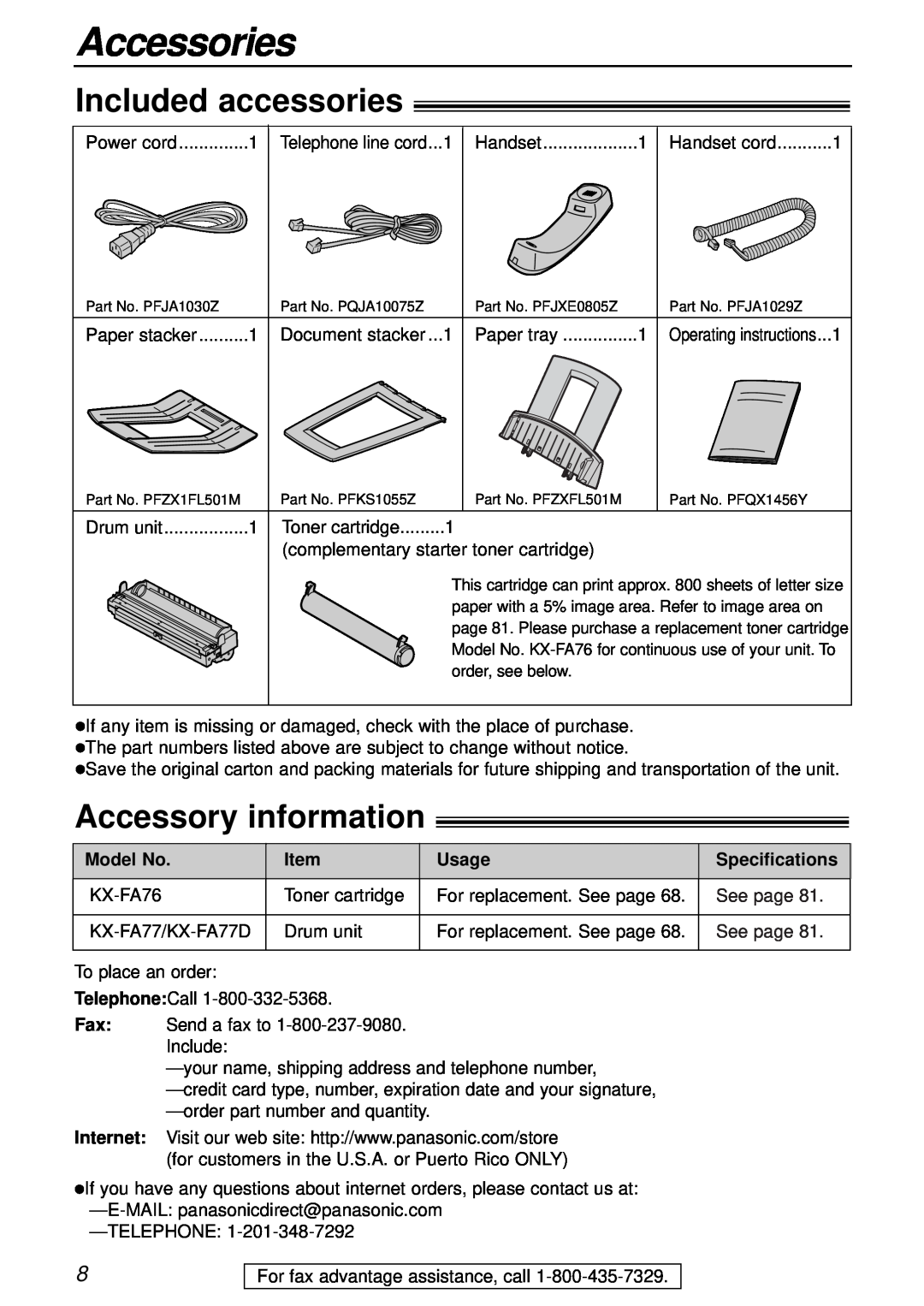 Panasonic KX-FL501 manual Accessories, Included accessories, Accessory information, Model No, Usage, Specifications 