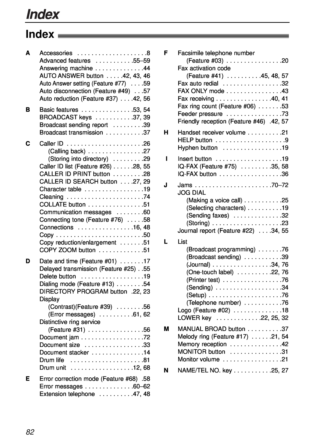 Panasonic KX-FL501 manual Index 