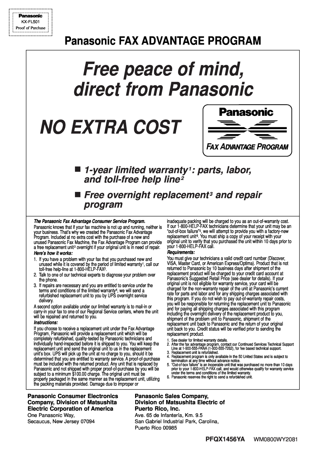 Panasonic KX-FL501 Panasonic FAX ADVANTAGE PROGRAM, Free peace of mind direct from Panasonic NO EXTRA COST, Instructions 