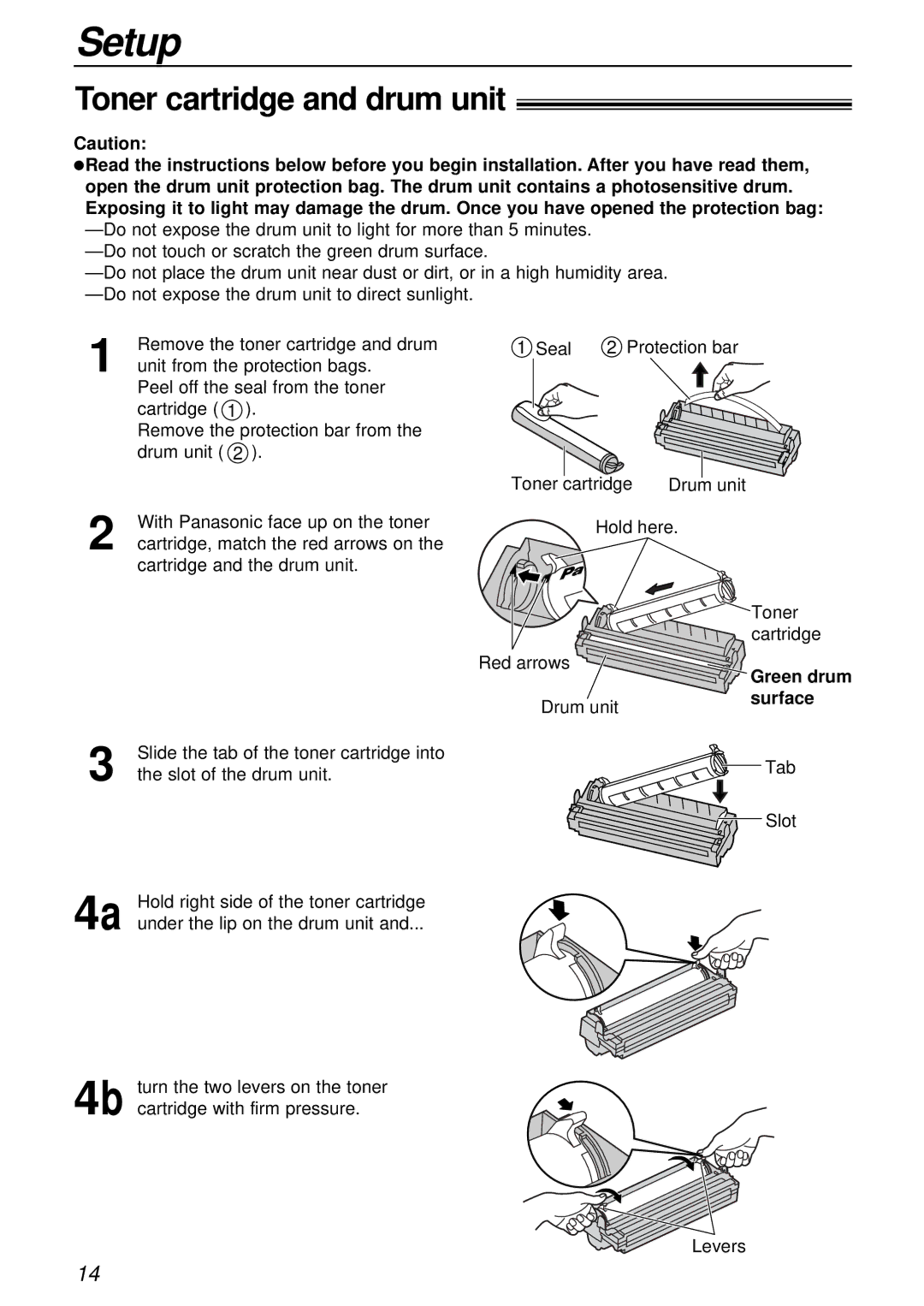 Panasonic KX-FL501AL, KX-FL501NZ manual Setup, Toner cartridge and drum unit, Surface 