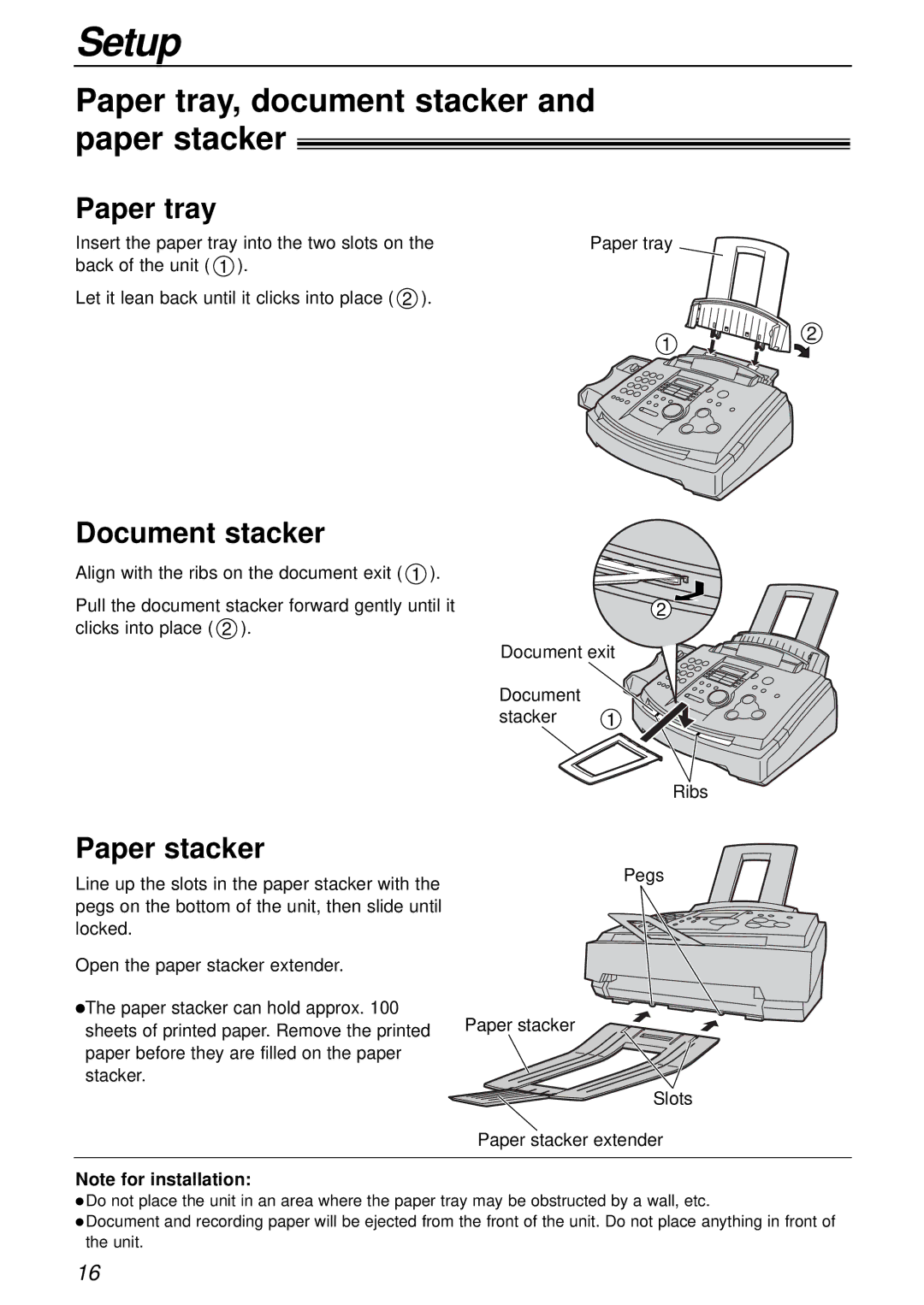 Panasonic KX-FL501AL, KX-FL501NZ manual Paper tray, document stacker and paper stacker, Document stacker, Paper stacker 