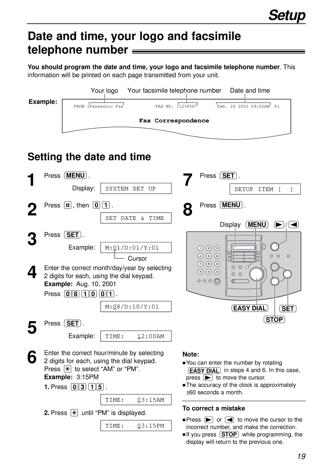 Panasonic KX-FL501NZ, KX-FL501AL Date and time, your logo and facsimile telephone number, Setting the date and time, Menu 