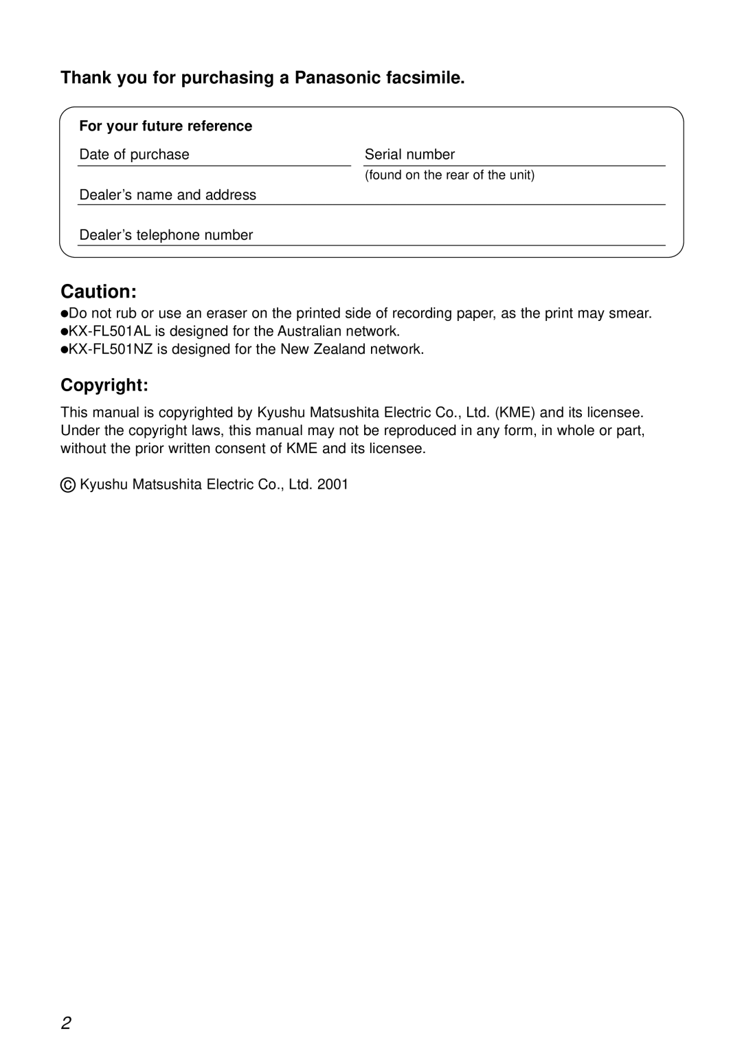 Panasonic KX-FL501AL, KX-FL501NZ manual Thank you for purchasing a Panasonic facsimile, For your future reference 