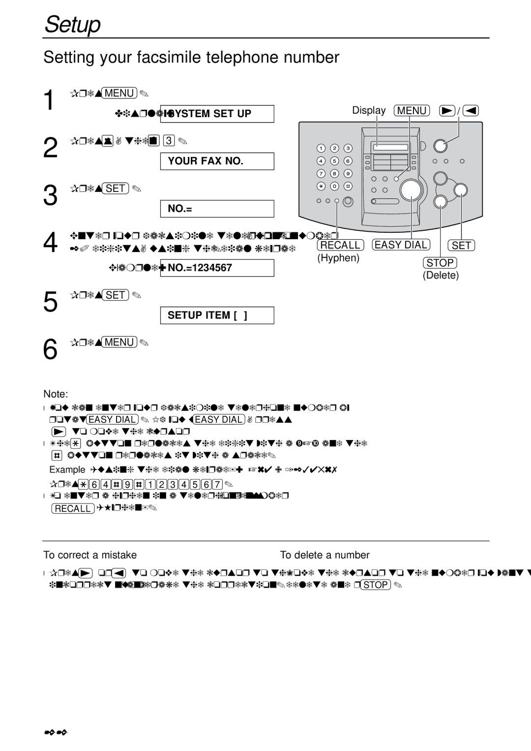 Panasonic KX-FL501AL, KX-FL501NZ manual Setting your facsimile telephone number, To correct a mistake To delete a number 