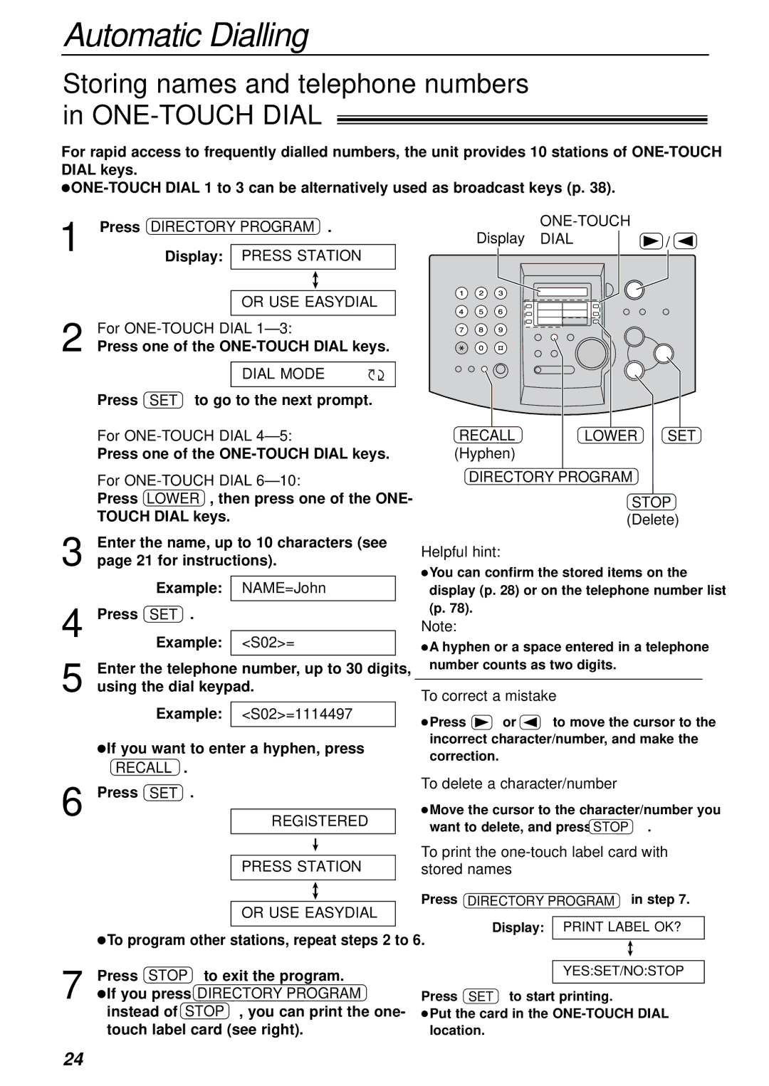 Panasonic KX-FL501AL Automatic Dialling, Storing names and telephone numbers in ONE-TOUCH Dial, Recall, Directory Program 