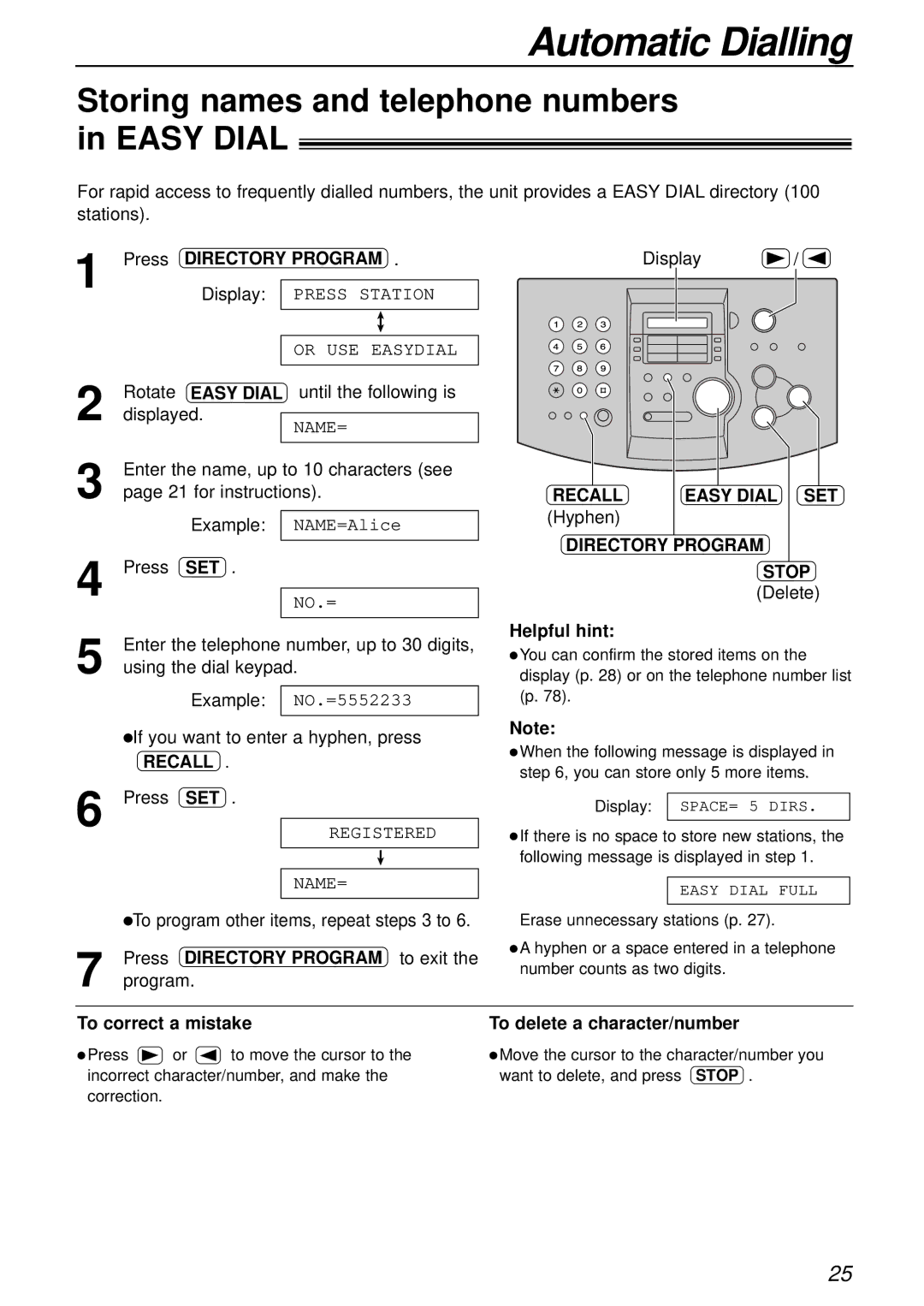 Panasonic KX-FL501NZ, KX-FL501AL manual Storing names and telephone numbers in Easy Dial 