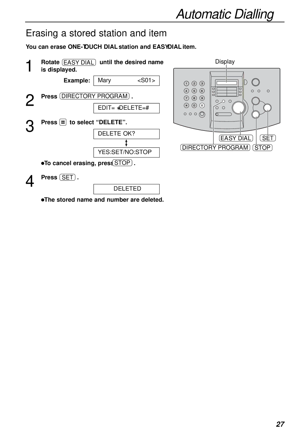 Panasonic KX-FL501NZ, KX-FL501AL manual Erasing a stored station and item, Easy Dial SET Directory Program Stop 