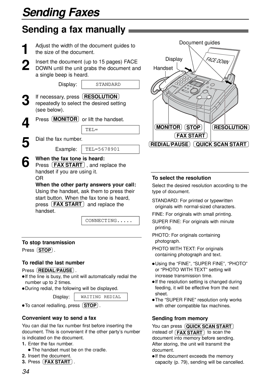 Panasonic KX-FL501AL, KX-FL501NZ Sending Faxes, Sending a fax manually, Resolution, FAX Start 