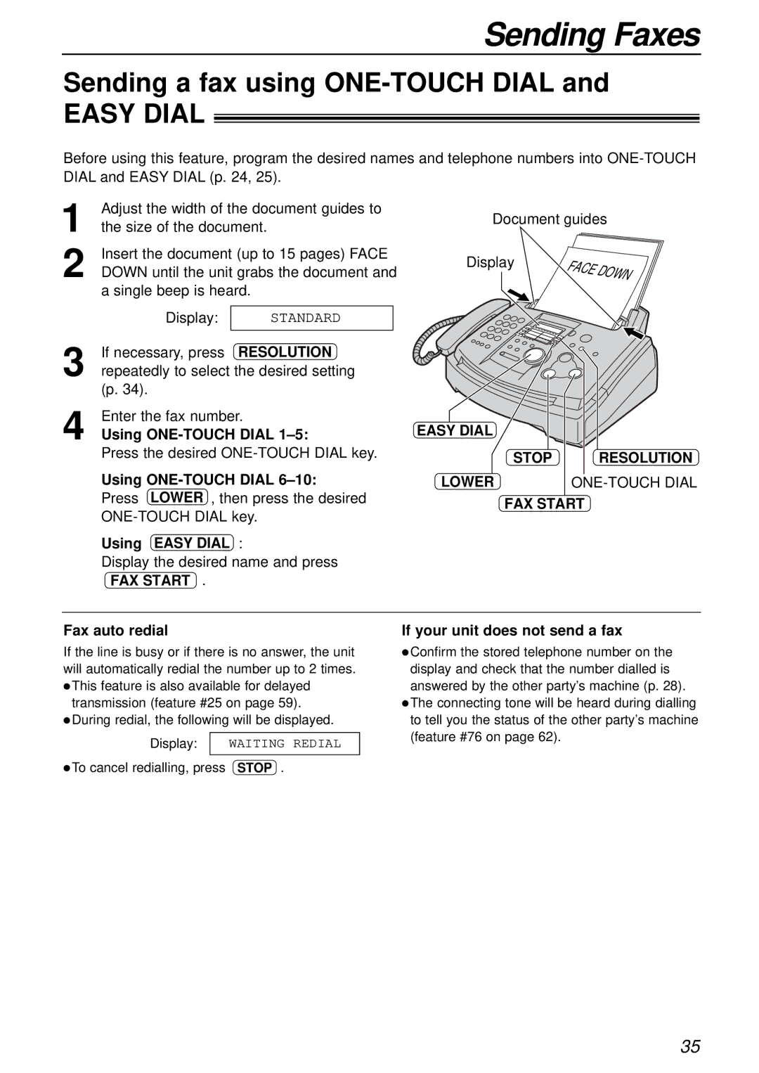 Panasonic KX-FL501NZ manual Sending a fax using ONE-TOUCH Dial, Easy Dial Stop Resolution Lower ONE-TOUCH Dial FAX Start 