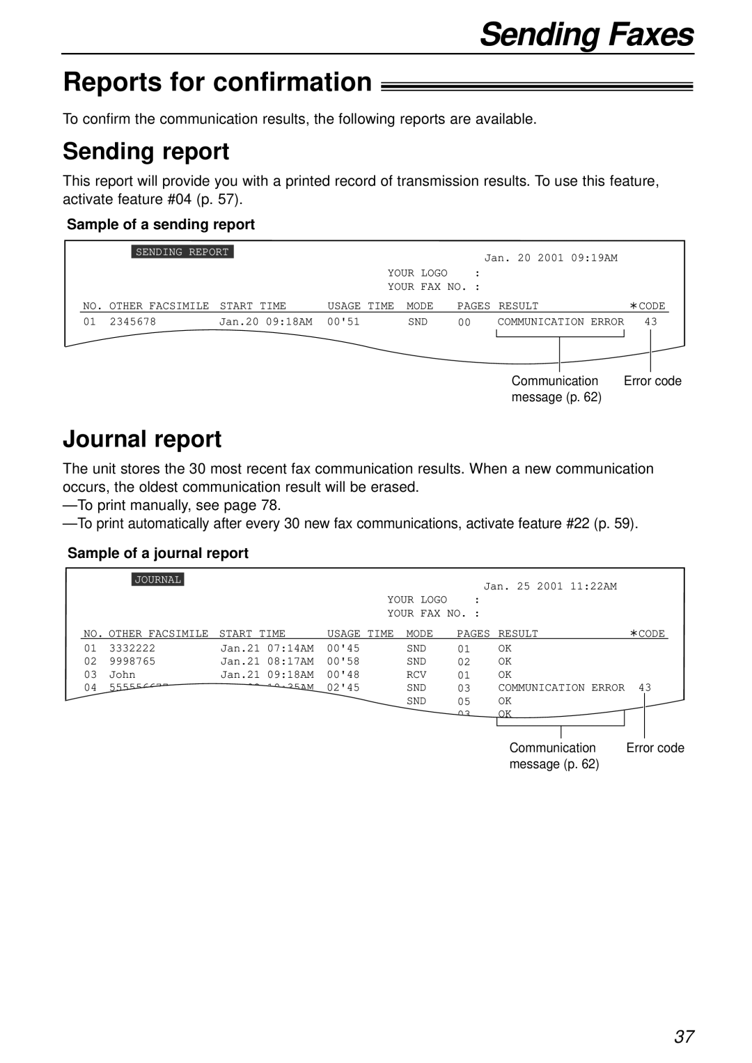 Panasonic KX-FL501NZ, KX-FL501AL manual Reports for confirmation, Sending report, Journal report, Sample of a sending report 