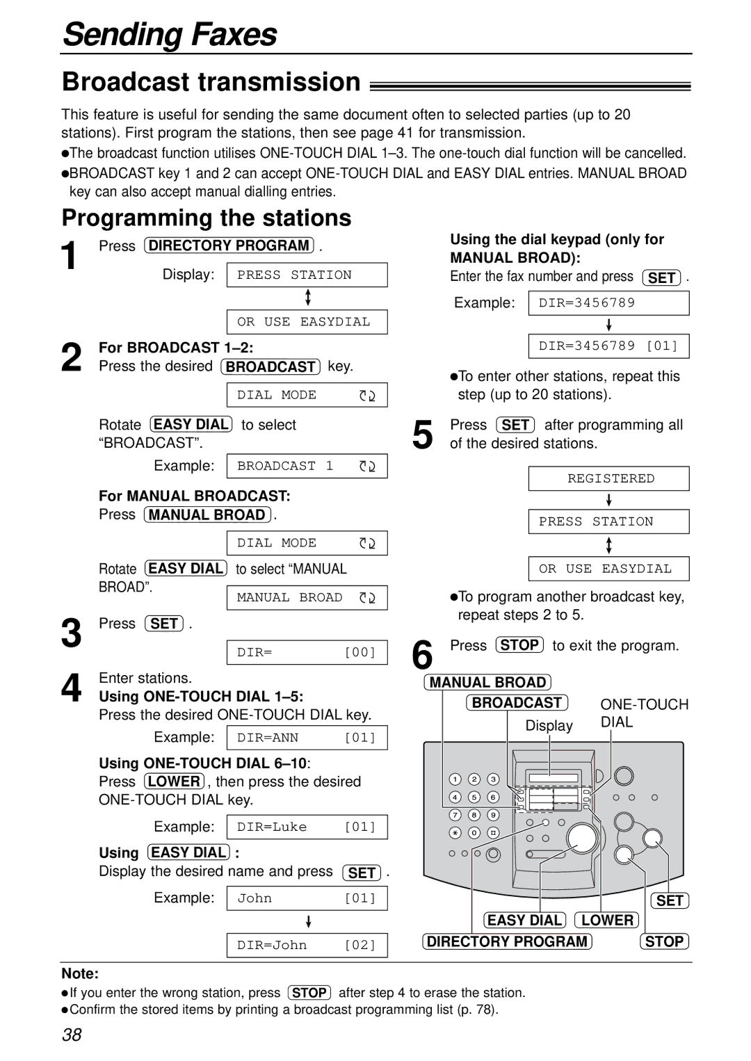 Panasonic KX-FL501AL Broadcast transmission, Programming the stations, Manual Broad, Broadcast ONE-TOUCH, Easy Dial Lower 