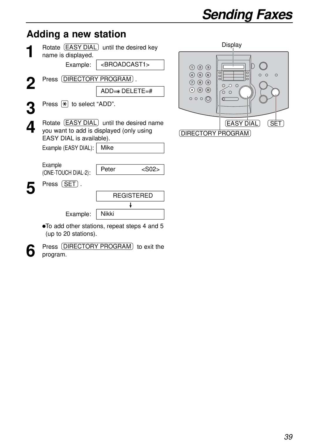 Panasonic KX-FL501NZ, KX-FL501AL manual Adding a new station, Easy Dial SET Directory Program 