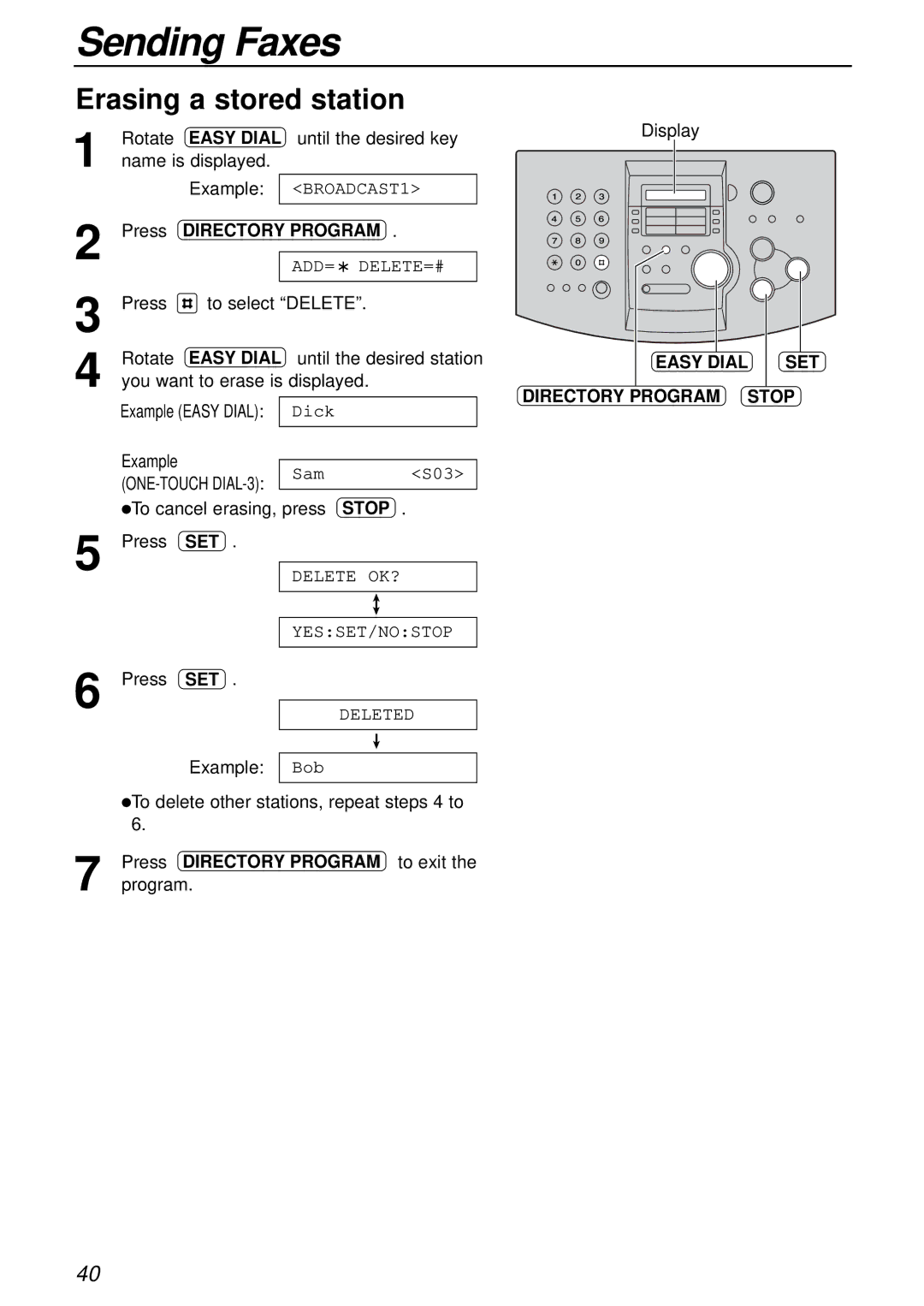 Panasonic KX-FL501AL, KX-FL501NZ manual Erasing a stored station, Easy Dial SET Directory Program Stop 