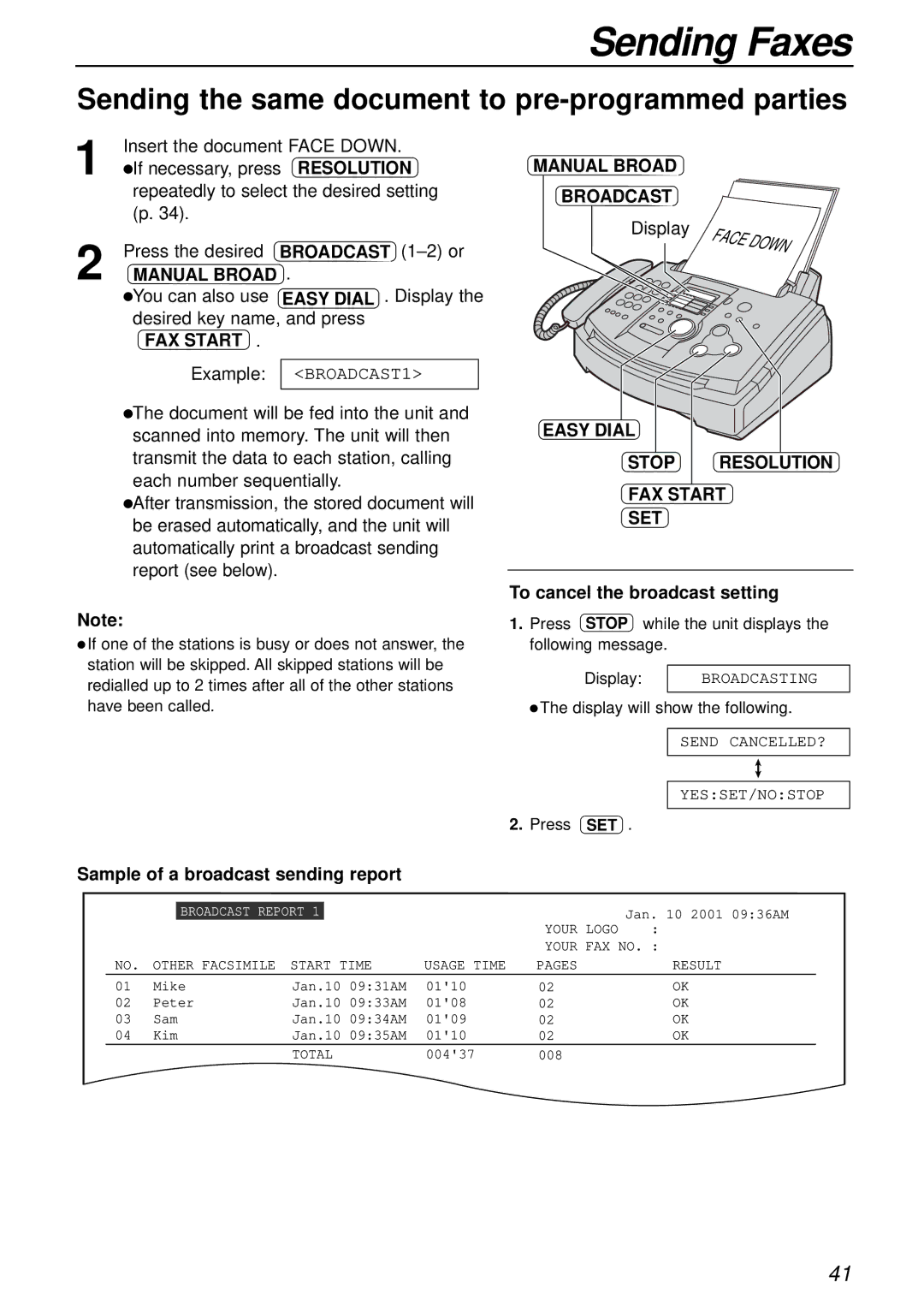 Panasonic KX-FL501NZ, KX-FL501AL manual Sending the same document to pre-programmed parties, Manual Broad Broadcast 