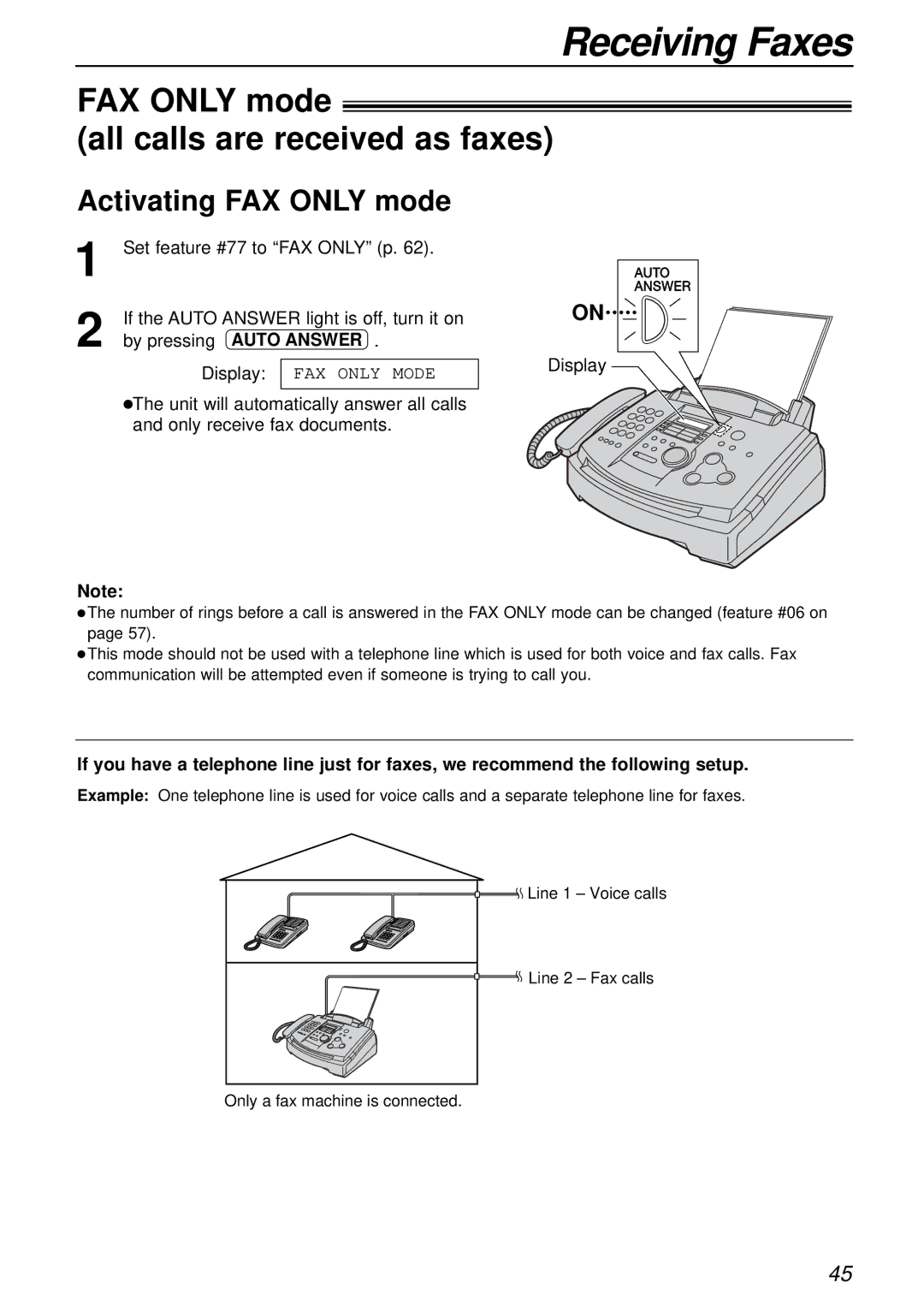 Panasonic KX-FL501NZ, KX-FL501AL manual FAX only mode All calls are received as faxes, Activating FAX only mode 