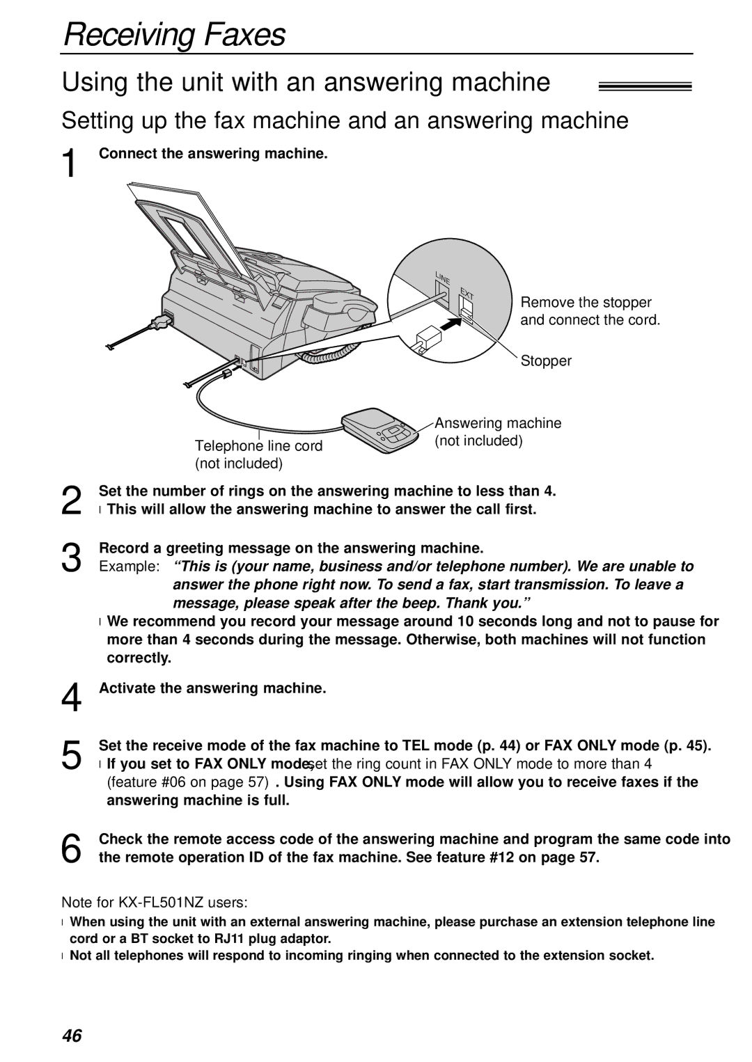 Panasonic KX-FL501AL manual Using the unit with an answering machine, Setting up the fax machine and an answering machine 