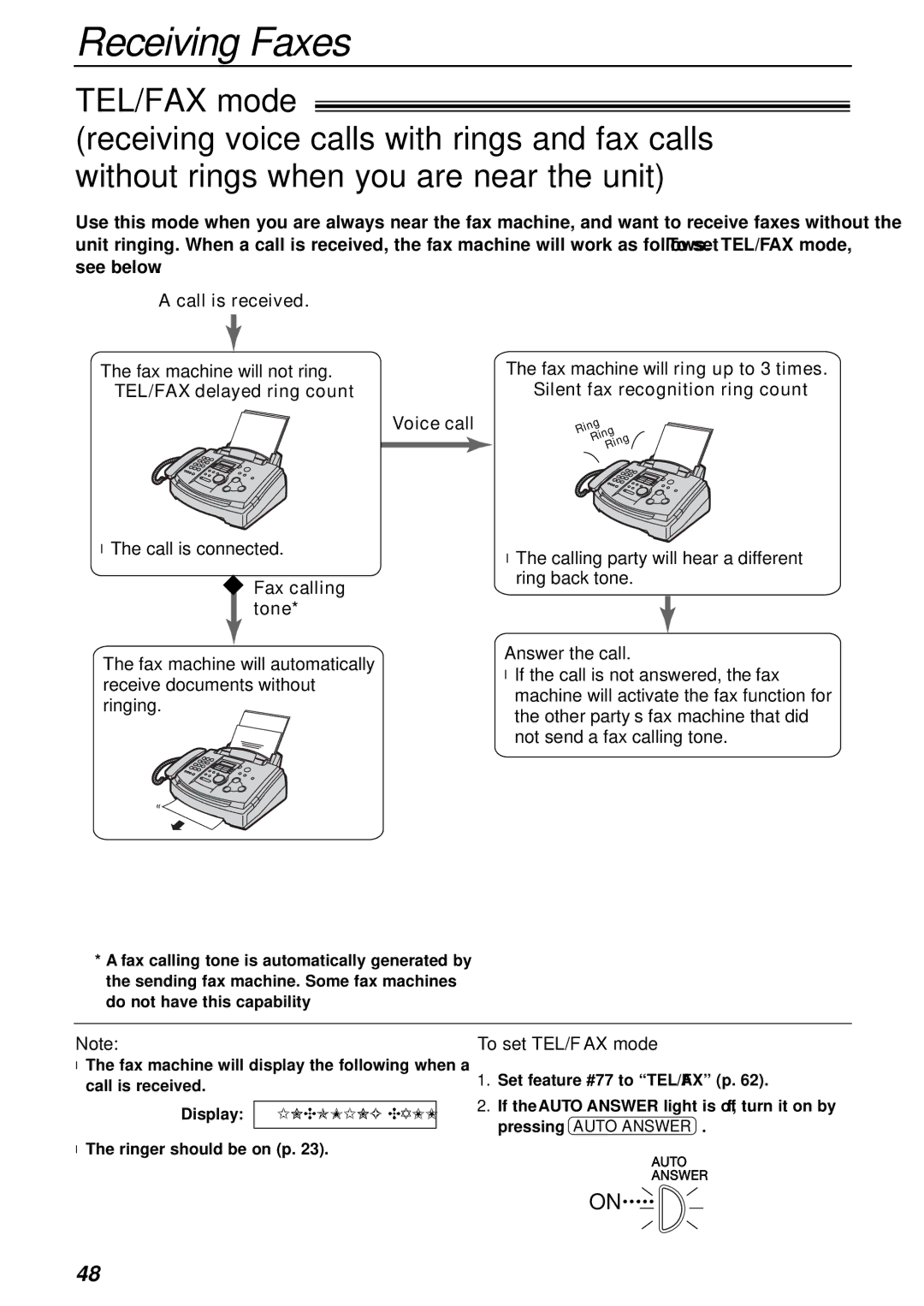 Panasonic KX-FL501AL manual Call is received, TEL/FAX delayed ring count Voice call, Silent fax recognition ring count 