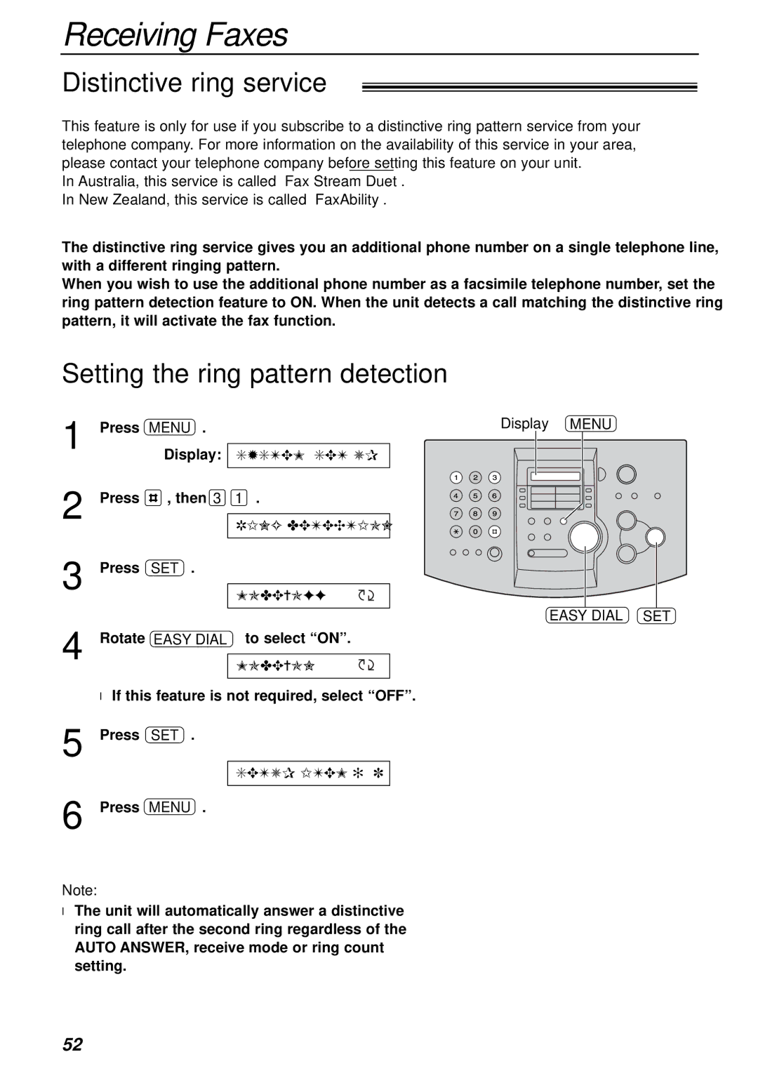 Panasonic KX-FL501AL, KX-FL501NZ manual Distinctive ring service, Setting the ring pattern detection 