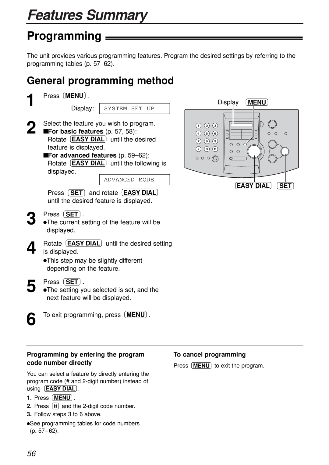 Panasonic KX-FL501AL, KX-FL501NZ manual Features Summary, Programming, General programming method 