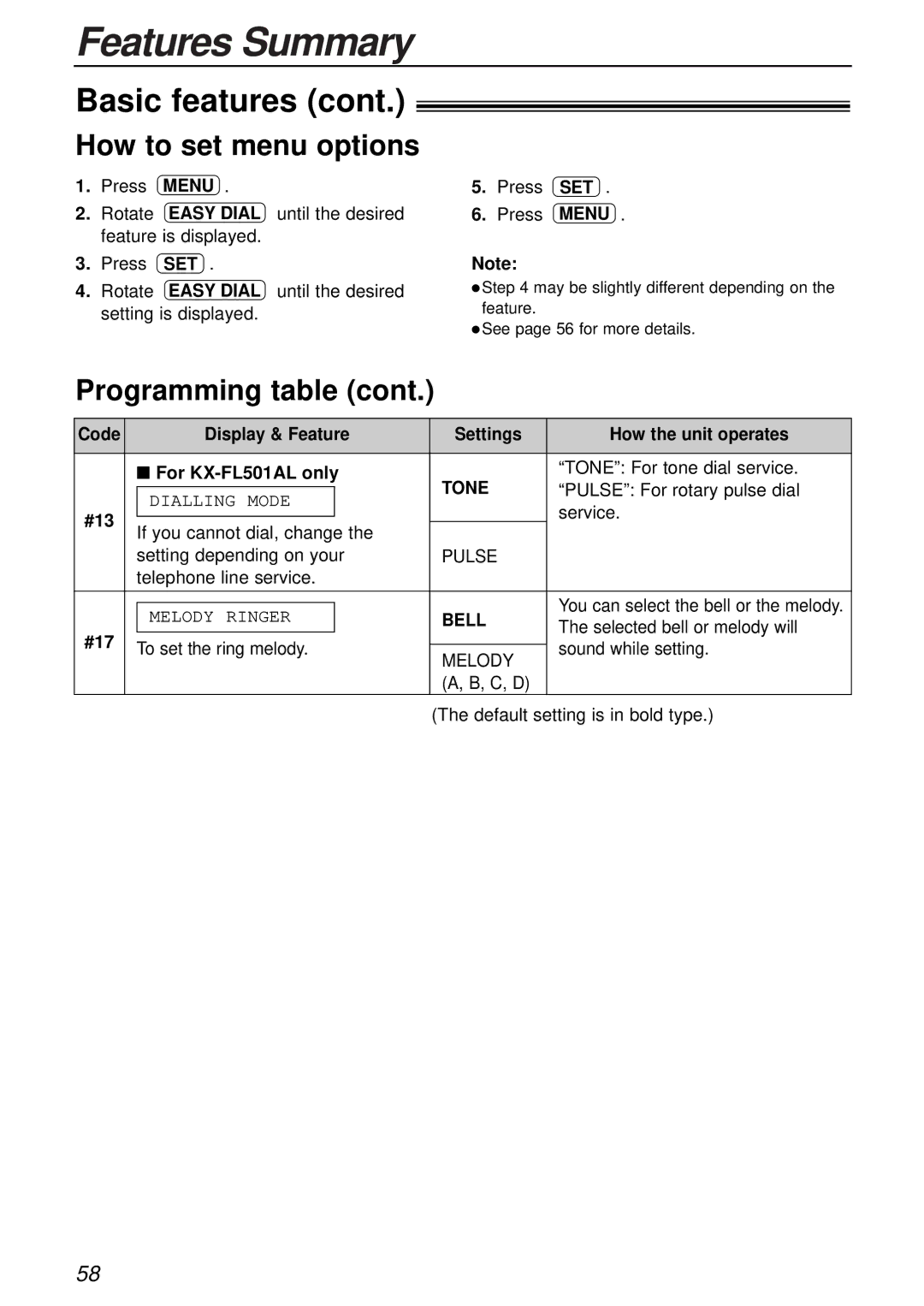 Panasonic KX-FL501AL, KX-FL501NZ manual How to set menu options, Tone, #13, Bell, #17 