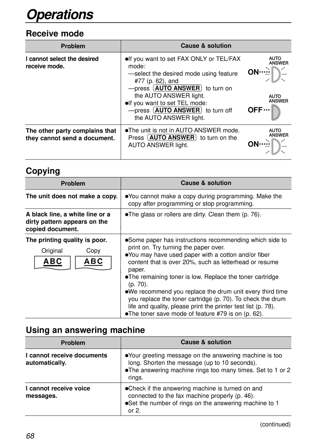 Panasonic KX-FL501AL Problem Cause & solution Cannot select the desired, Receive mode, Auto Answer to turn on, Messages 