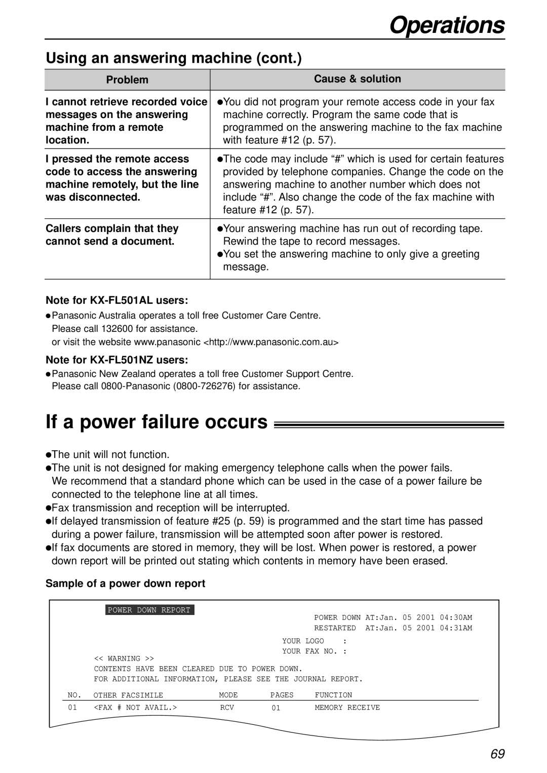 Panasonic KX-FL501NZ, KX-FL501AL manual If a power failure occurs 