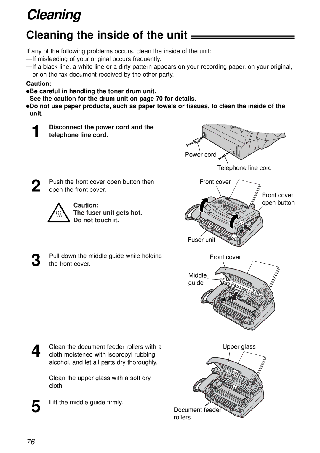 Panasonic KX-FL501AL, KX-FL501NZ manual Cleaning the inside of the unit 