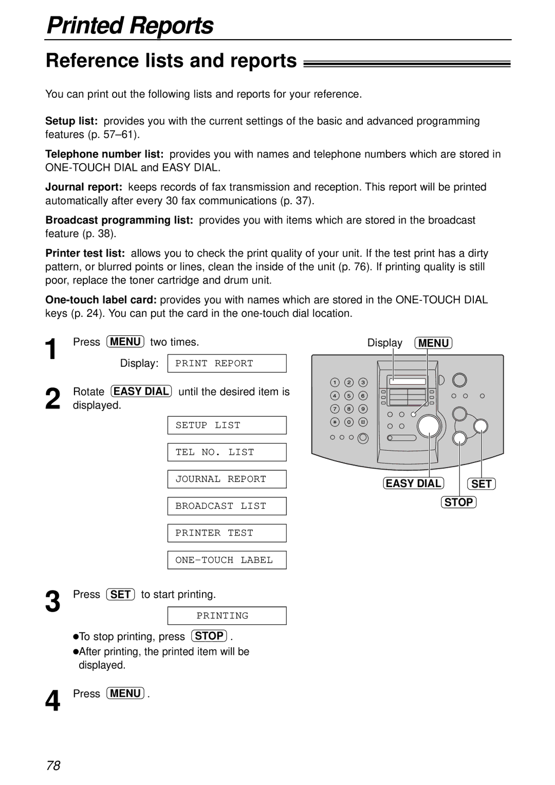 Panasonic KX-FL501AL, KX-FL501NZ manual Printed Reports, Reference lists and reports, Easy Dial SET Stop 