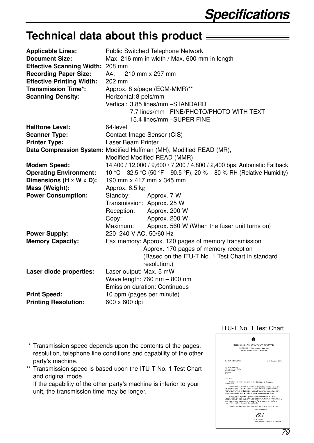 Panasonic KX-FL501NZ, KX-FL501AL manual Technical data about this product 