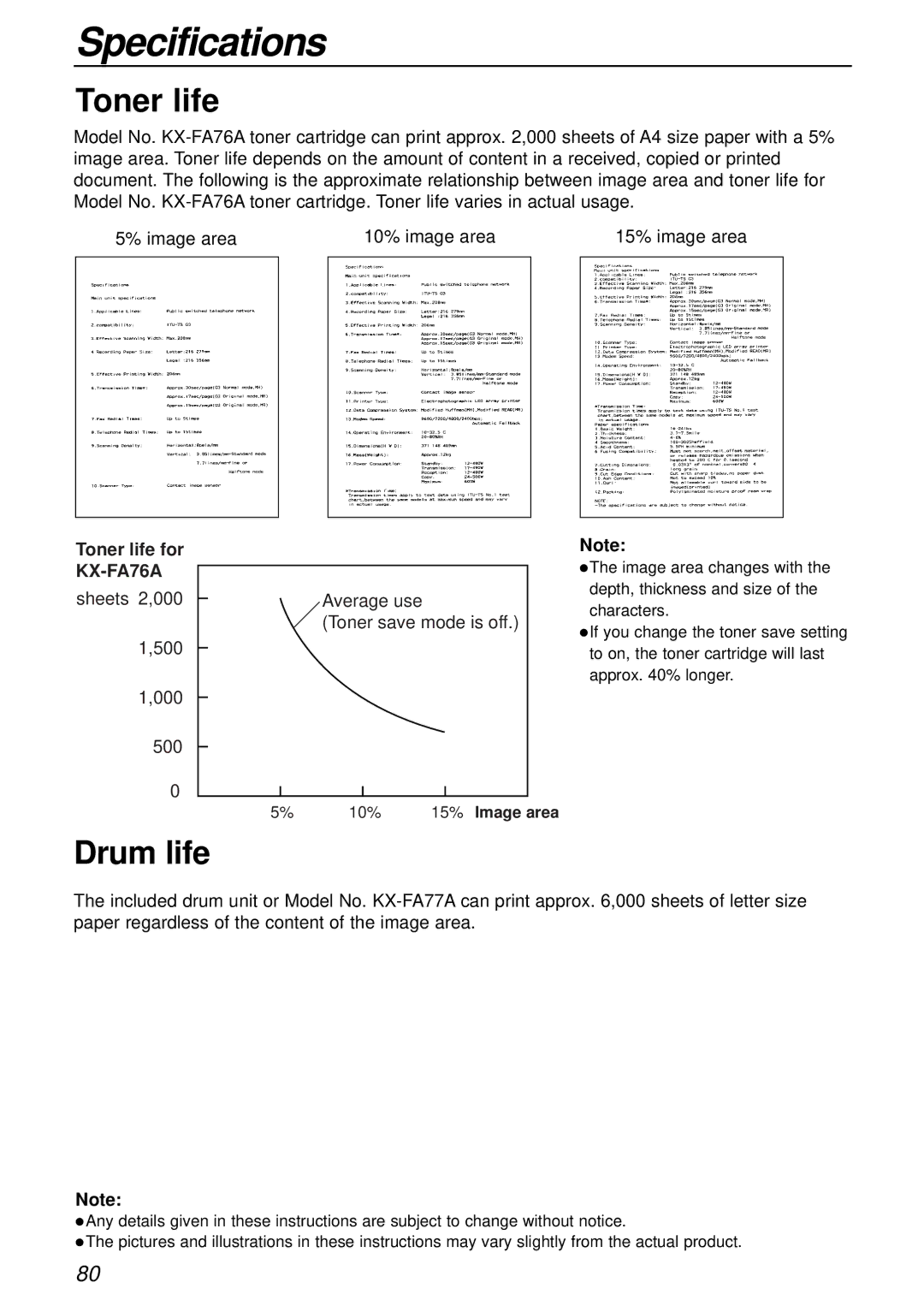 Panasonic KX-FL501AL, KX-FL501NZ manual Specifications, Drum life, Toner life for KX-FA76A 