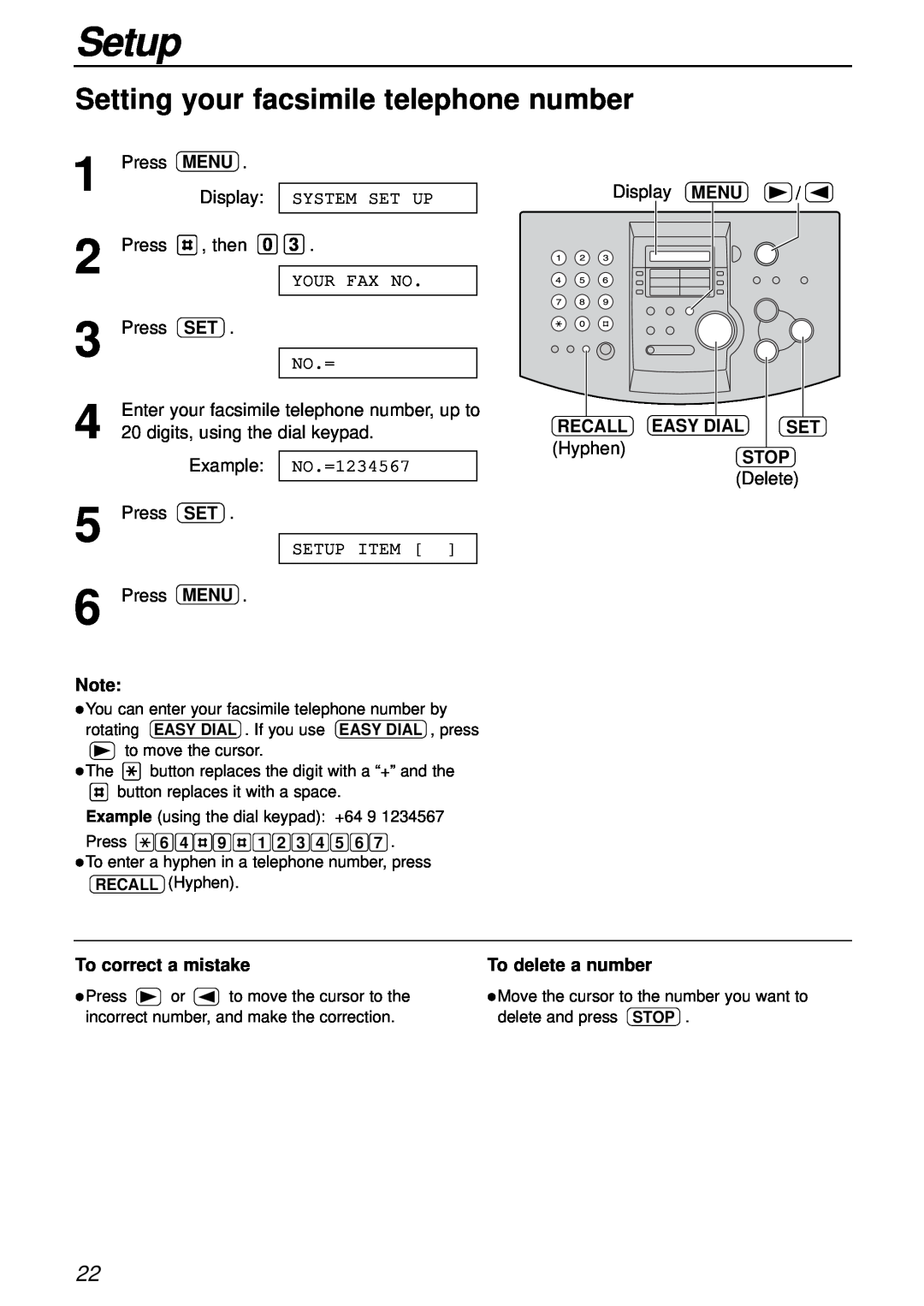 Panasonic KX-FL501AL manual Setting your facsimile telephone number, Setup, Menu, Recall, Easy Dial, To correct a mistake 