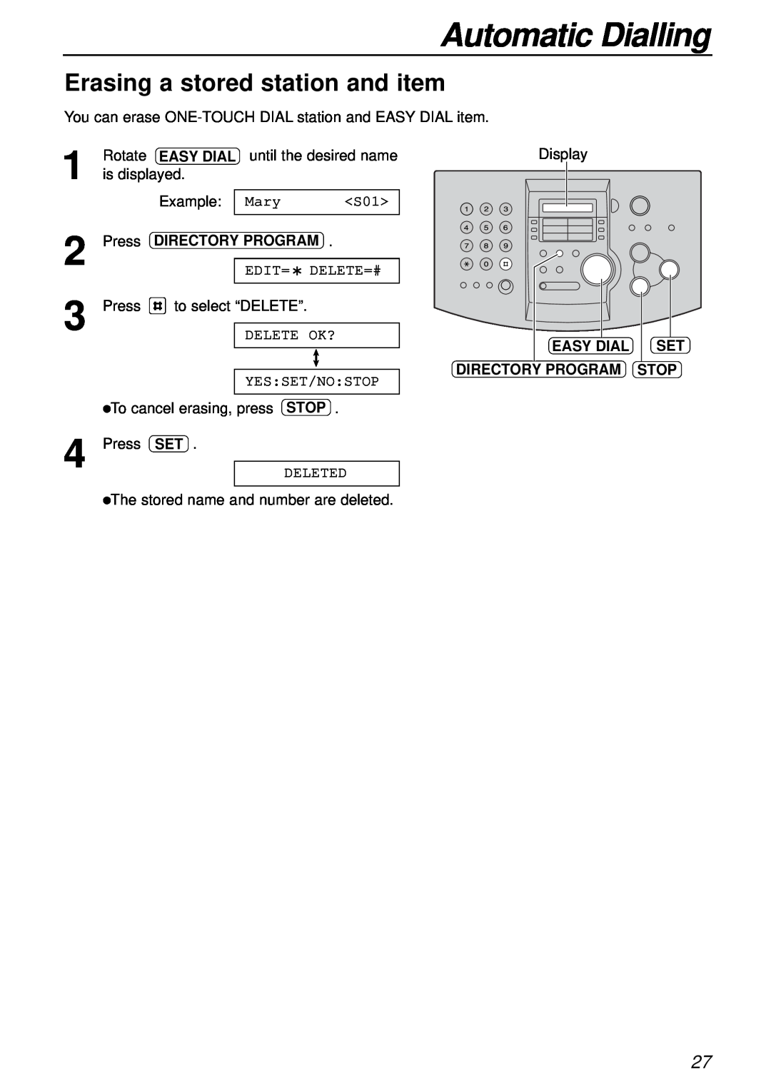 Panasonic KX-FL501NZ, KX-FL501AL manual Erasing a stored station and item, Automatic Dialling, Directory Program 