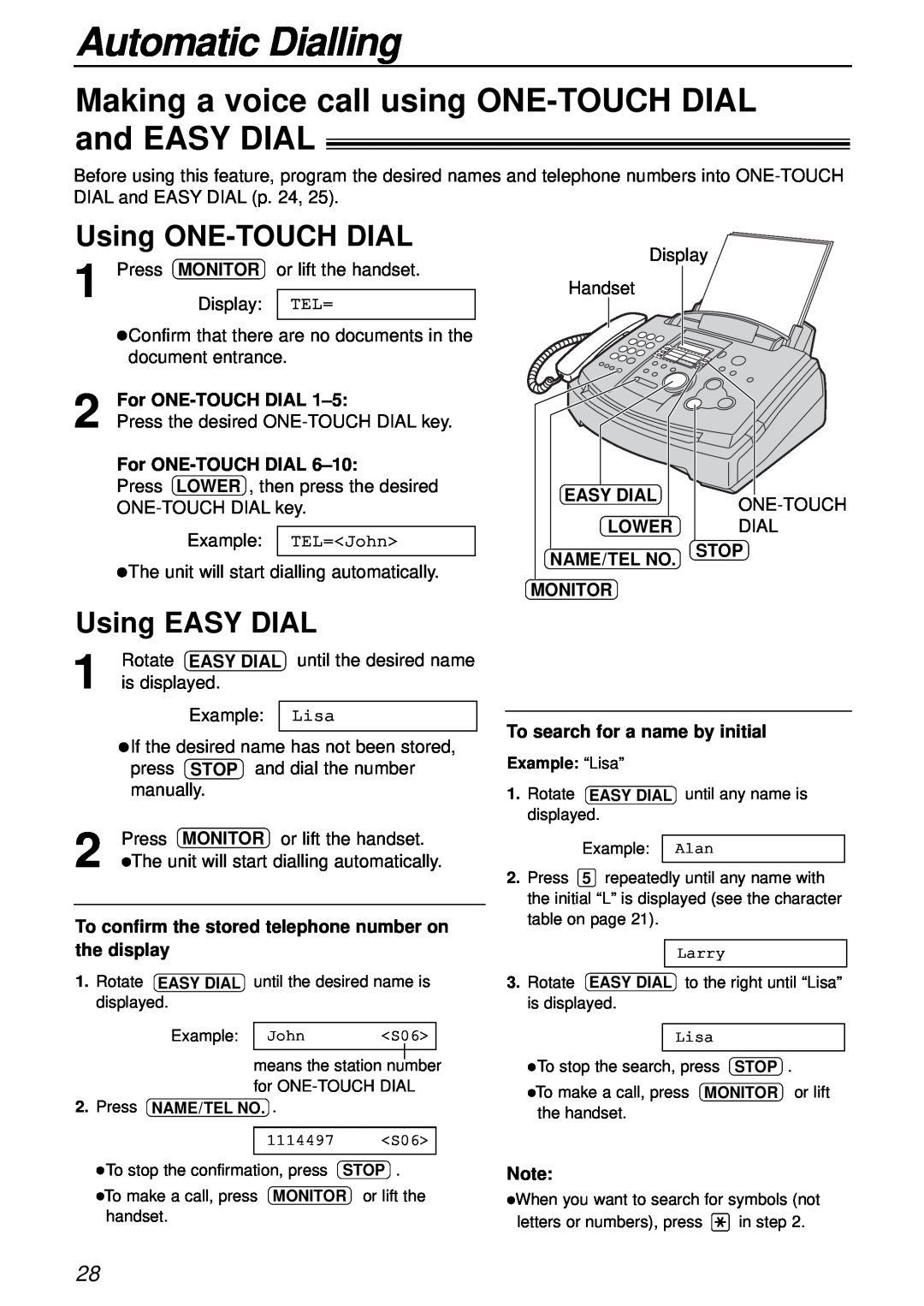 Panasonic KX-FL501AL manual Making a voice call using ONE-TOUCH DIAL and EASY DIAL, Using ONE-TOUCH DIAL, Using EASY DIAL 