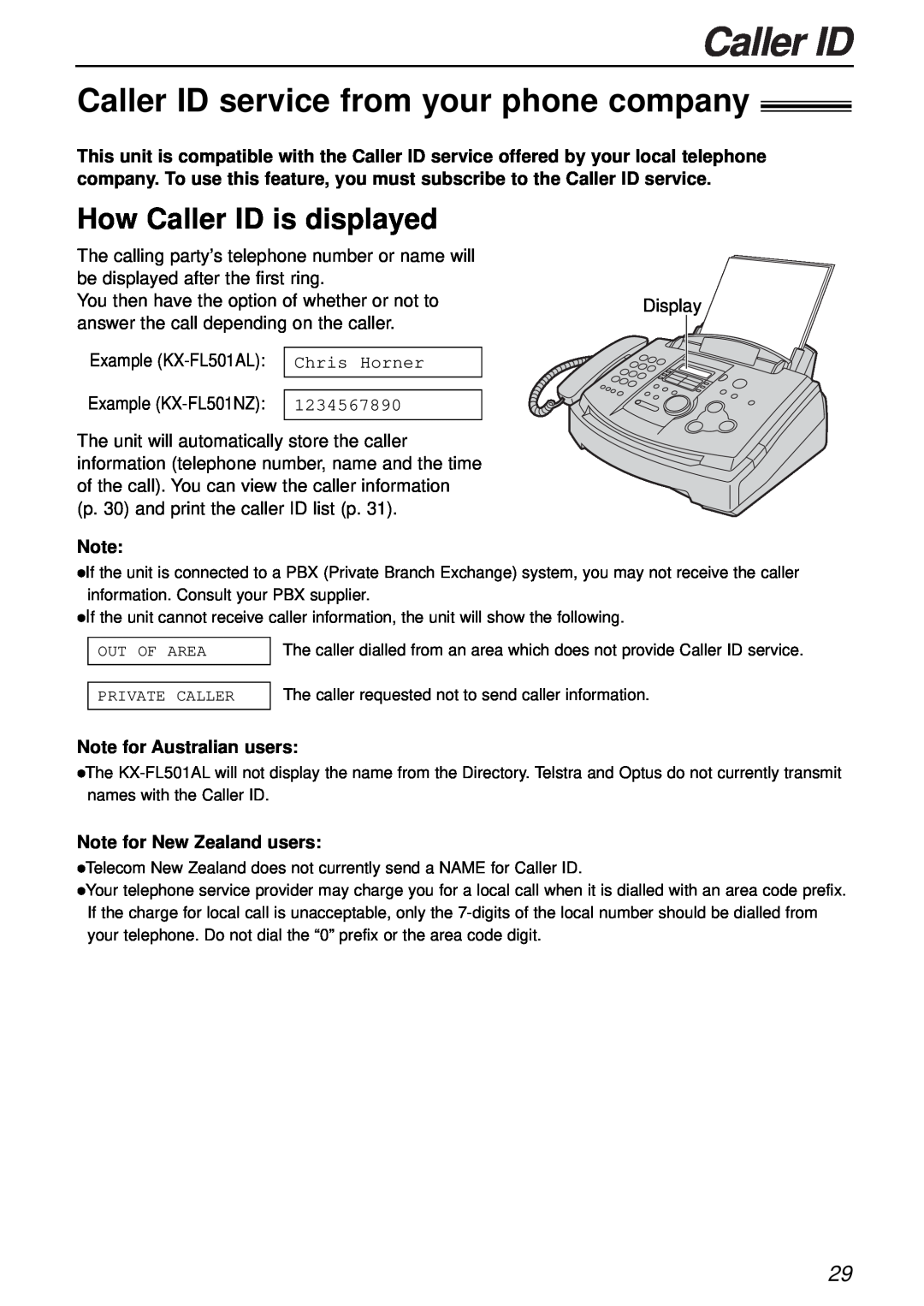 Panasonic KX-FL501NZ Caller ID service from your phone company, How Caller ID is displayed, Note for Australian users 