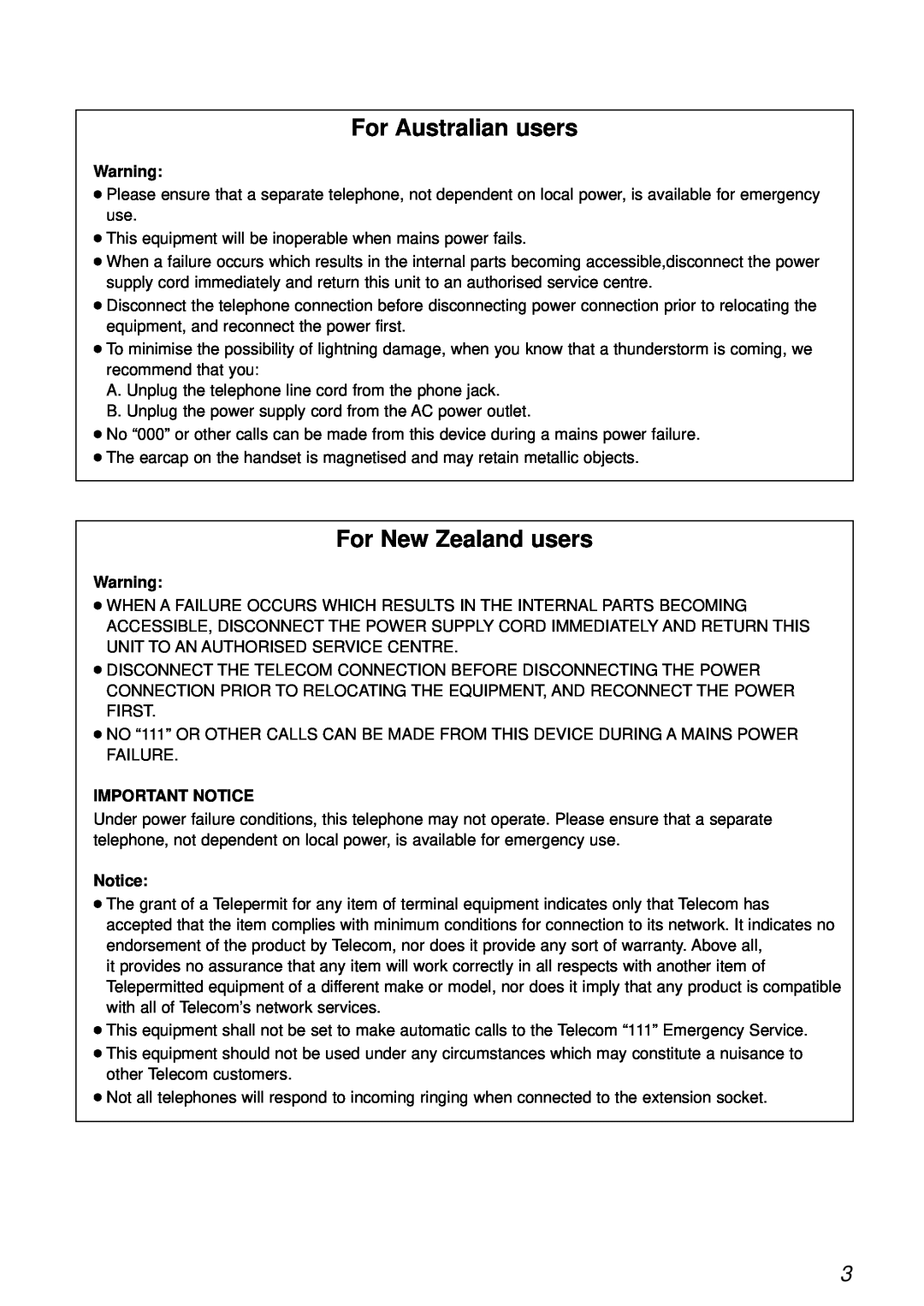 Panasonic KX-FL501NZ, KX-FL501AL manual For Australian users, For New Zealand users, Important Notice 