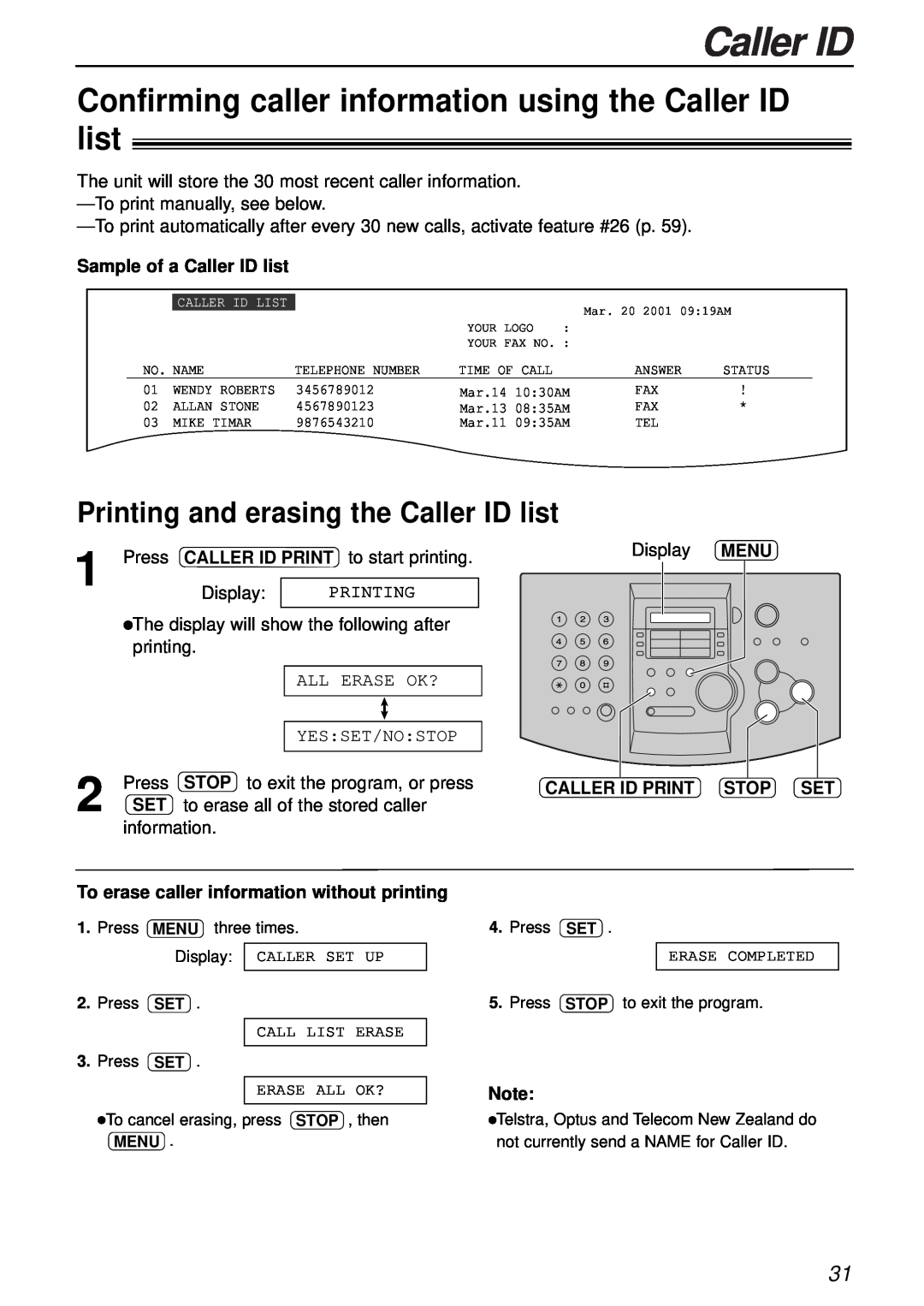 Panasonic KX-FL501NZ manual Confirming caller information using the Caller ID list, Printing and erasing the Caller ID list 
