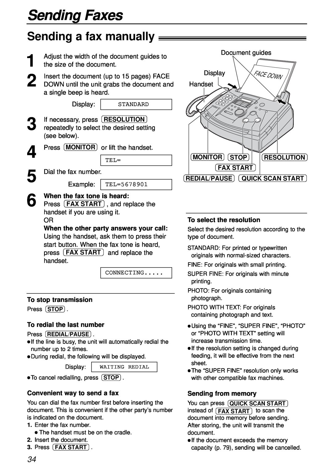 Panasonic KX-FL501AL, KX-FL501NZ Sending Faxes, Sending a fax manually, Resolution, When the fax tone is heard, Fax Start 